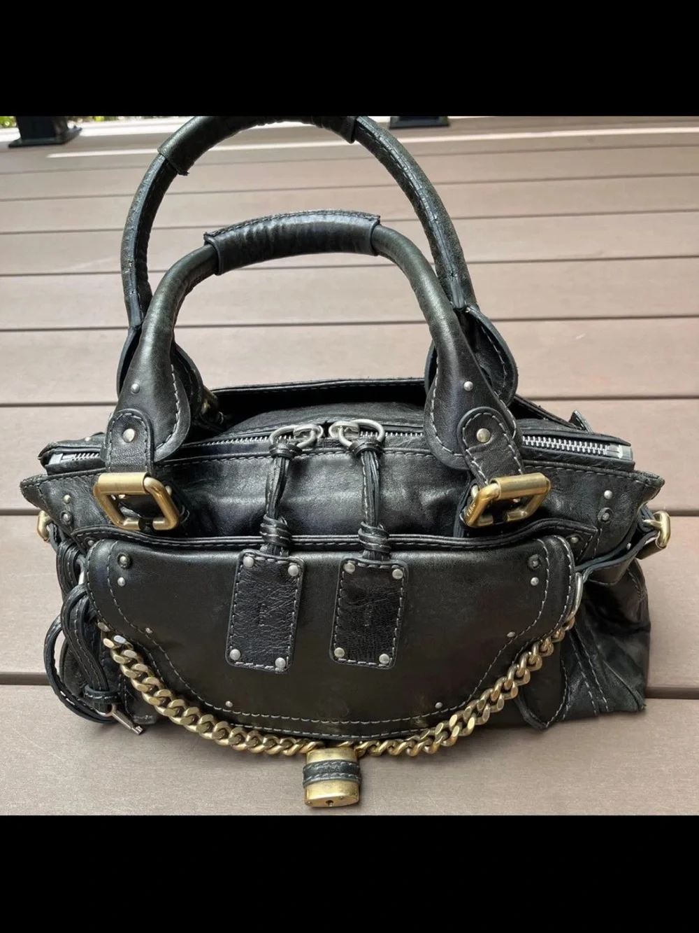 Chloe Black Leather Satchel with Brass Chain Detail
